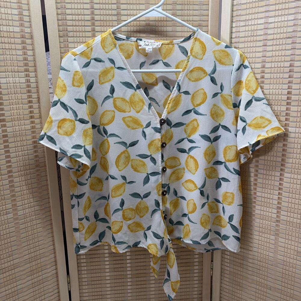 Pink Rose Top Women's Medium Lemon Pattern Button Up Short Sleeve Front Tie